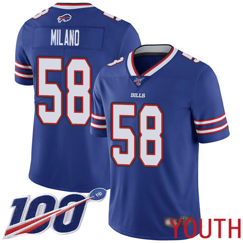 Youth Buffalo Bills 58 Matt Milano Royal Blue Team Color Vapor Untouchable Limited Player 100th Season NFL Jersey